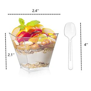 Lyellfe 100 Pack 4 Oz Dessert Cups with Spoon, Clear Plastic Cups, Mini Disposable Square Parfait Shooters Cups for Appetizer, Ice Cream, Pudding, Tasting Party