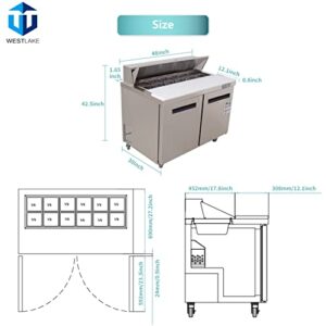 WESTLAKE 48" W 2 Door Refrigerator Sandwich&Salad Prep Table Commercial Stainless Steel Counter Fan Cooling Refrigerator with 12 pans-48 Inches for Restaurant, Bar, Shop, etc