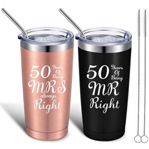 patelai 2 pieces 50th wedding anniversary coffee mug, 50 years of being mr/mrs always right gifts set for grandparents couple, 20 oz mug tumbler with lids and gift box (black, rose gold)