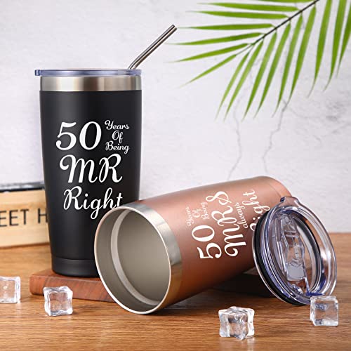 Patelai 2 Pieces 50th Wedding Anniversary Coffee Mug, 50 Years of Being MR/MRS Always Right Gifts Set for Grandparents Couple, 20 oz Mug Tumbler with Lids and Gift Box (Black, Rose Gold)