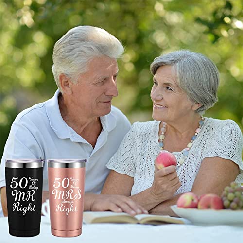 Patelai 2 Pieces 50th Wedding Anniversary Coffee Mug, 50 Years of Being MR/MRS Always Right Gifts Set for Grandparents Couple, 20 oz Mug Tumbler with Lids and Gift Box (Black, Rose Gold)