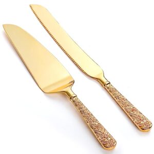 dicunoy 2 pcs gold cake knife and server set, wedding cake cutting utensils, vintage engraved cake cutter and serving spatula for birthday, party, anniversary