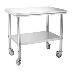 Commercial Work Table, 36" x 24" Stainless Steel Work Table with Wheels Heavy Duty Table for Restaurant Home and Hotel