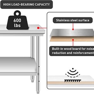 Commercial Work Table, 36" x 24" Stainless Steel Work Table with Wheels Heavy Duty Table for Restaurant Home and Hotel