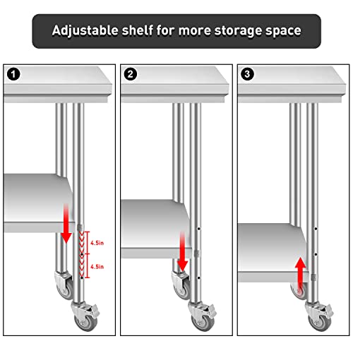 Commercial Work Table, 36" x 24" Stainless Steel Work Table with Wheels Heavy Duty Table for Restaurant Home and Hotel