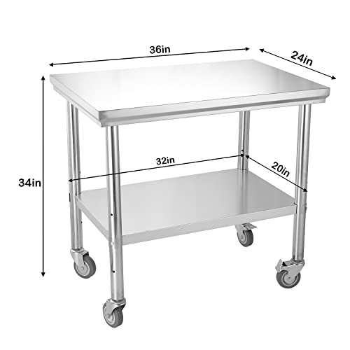 Commercial Work Table, 36" x 24" Stainless Steel Work Table with Wheels Heavy Duty Table for Restaurant Home and Hotel