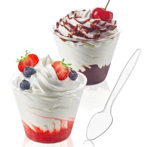 unfiyeo 50 pack 5 oz plastic dessert cups with spoons, mini mousse cup round pudding cups party serving bowl for cocktails appetizers fruit parfait and trifle