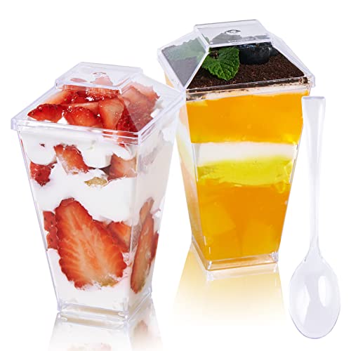 JOLLY CHEF 100 x 3 oz Mini Dessert Cups with Spoons and Lids, Square Tall - Clear Plastic Parfait Appetizer Cup - Small Reusable Serving Bowl for Party Desserts Appetizers