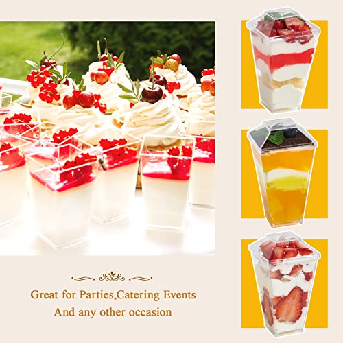 JOLLY CHEF 100 x 3 oz Mini Dessert Cups with Spoons and Lids, Square Tall - Clear Plastic Parfait Appetizer Cup - Small Reusable Serving Bowl for Party Desserts Appetizers