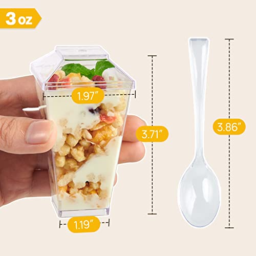 JOLLY CHEF 100 x 3 oz Mini Dessert Cups with Spoons and Lids, Square Tall - Clear Plastic Parfait Appetizer Cup - Small Reusable Serving Bowl for Party Desserts Appetizers