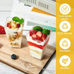 JOLLY CHEF 100 x 3 oz Mini Dessert Cups with Spoons and Lids, Square Tall - Clear Plastic Parfait Appetizer Cup - Small Reusable Serving Bowl for Party Desserts Appetizers