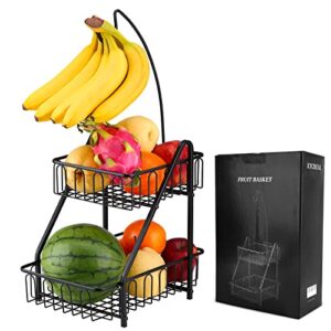 kycreal 2-tier fruit basket bowl for kitchen counter, banana holder,fruit vegetable bowl stand with removable banana hanger, metal wire fruit vegetable storage ,black