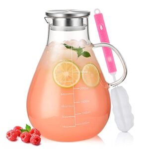 glass pitcher with lid 1 gallon pitcher, 105.6oz glass water pitcher with precise scale line, the first upgraded & thicked tea pitcher 1 gallon for fridge, housale easy to clean heat & cold resistant