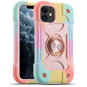markill compatible with iphone 11 case 6.1 inch with 360°rotate ring stand, military grade drop protection full body rugged heavy duty case 3 in 1 protective cover (rainbow pink)