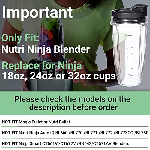 Replacement 24oz Blender Cup For Ninja BN401 BN751 BN801 BN800 BL450 BL456 BL480 Foodi SS401 SS101 TWISTi SS151 SS351 Cups Nutri Ninja Auto IQ Parts Lids Upgraded (2 Pack)