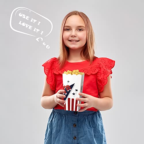 100 Pcs Popcorn Boxes,7.75 Inches Tall & Holds 46 Oz Popcorn Containers,Fashion Design Red White & Blue Colored Nostalgic Carnival Stripes and Stars Paper Popcorn Bags For Party Home Movie Theater