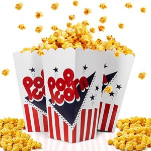 100 pcs popcorn boxes,7.75 inches tall & holds 46 oz popcorn containers,fashion design red white & blue colored nostalgic carnival stripes and stars paper popcorn bags for party home movie theater