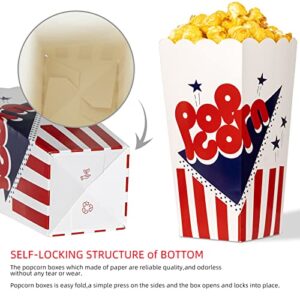 100 Pcs Popcorn Boxes,7.75 Inches Tall & Holds 46 Oz Popcorn Containers,Fashion Design Red White & Blue Colored Nostalgic Carnival Stripes and Stars Paper Popcorn Bags For Party Home Movie Theater