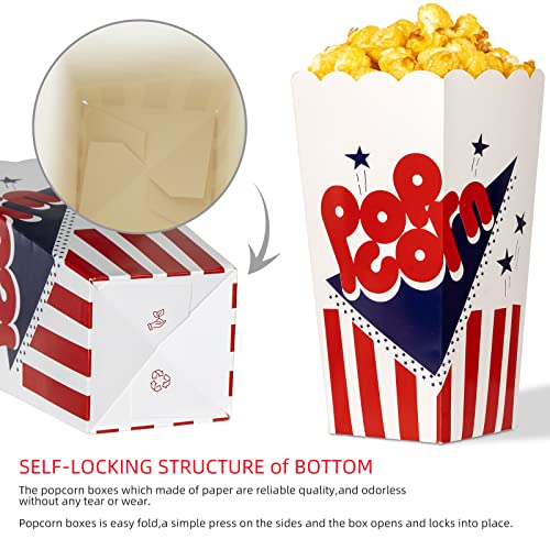 100 Pcs Popcorn Boxes,7.75 Inches Tall & Holds 46 Oz Popcorn Containers,Fashion Design Red White & Blue Colored Nostalgic Carnival Stripes and Stars Paper Popcorn Bags For Party Home Movie Theater