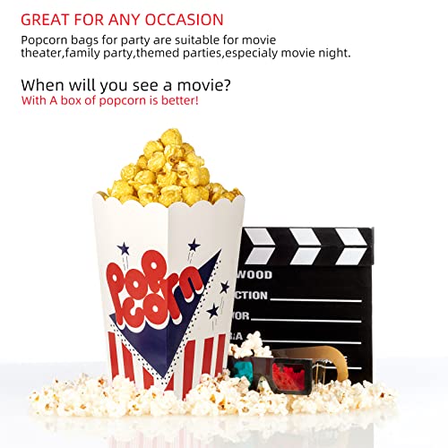 100 Pcs Popcorn Boxes,7.75 Inches Tall & Holds 46 Oz Popcorn Containers,Fashion Design Red White & Blue Colored Nostalgic Carnival Stripes and Stars Paper Popcorn Bags For Party Home Movie Theater