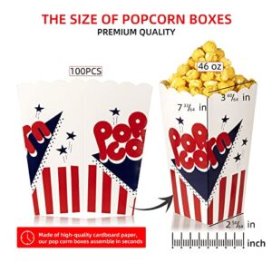 100 Pcs Popcorn Boxes,7.75 Inches Tall & Holds 46 Oz Popcorn Containers,Fashion Design Red White & Blue Colored Nostalgic Carnival Stripes and Stars Paper Popcorn Bags For Party Home Movie Theater
