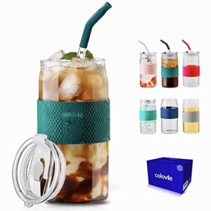 colovie can shaped drinking glass cups with lids and glass straws 6pc set-16oz travel glass tumbler cup with silicone protective sleeve, iced coffee cup, soda beer drinking jars, securely boxed-gift
