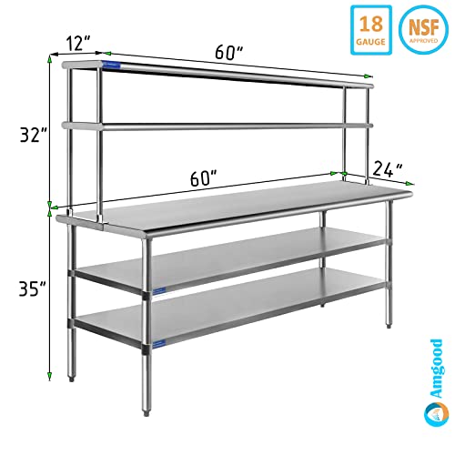 Amgood Stainless Steel Work Table with 2 Shelves | Metal Kitchen Prep Table & Shelving Combo (24" x 60" Table with 2 Shelves + 12" Overshelf)