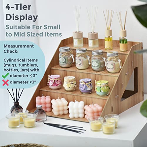 Tapeera 4-Tier Retail Wooden Display Riser - Farmers Market Craft Fair Display Rack - Candle Soap Display Stand For Craft Shows - Wood Countertop Pop Up Shop Display Rack For Tumblers Cupcakes Candy