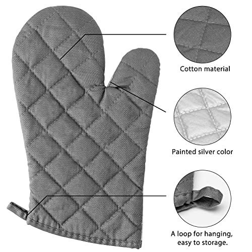 GROBRO7 6Pcs Cotton Oven Mitts and Pot Holders Set Durable Hot Pads Machine Washable BBQ Gloves Heat Resistant Pocket Pot Holder with Hanging Loop for Safe Kitchen Baking Cooking Grilling Grey