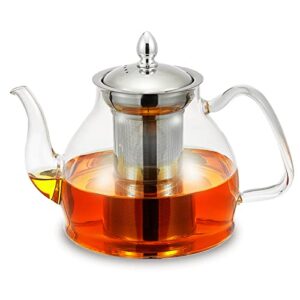 glass teapot, 40oz/1200ml glass kettle with removable stainless steel infuser for blooming tea & loose leaf tea, gooseneck tea pot, microwave & stovetop safe, gift box for tea maker