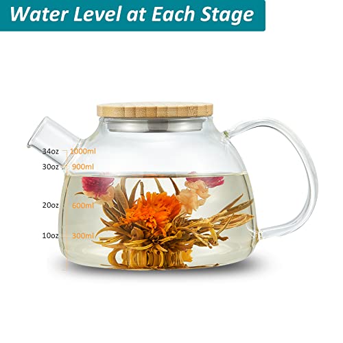 34oz/1000ml Glass Teapot with Glass Tea Infusers, Glass Tea Kettle for Loose Tea, with Removable Clear Infusers for Blooming Flower Tea, Ideal Tea Sets for Women, Tea Maker Gift