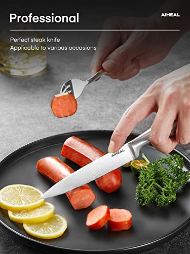 Aiheal Serrated Steak Knife Set, Stainless Steel Steak Knives Set of 8, Never Needs Sharpening Dinner Knives, Micro Serrated Steak Knives with Gift Box