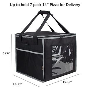 PACMAXI Insulated Food Delivery Bag with Cup Holder, Fit 14'' Pizza Foldable Heavy Duty Pizza Food Delivery Bag for Camping Catering Restaurants (Black)