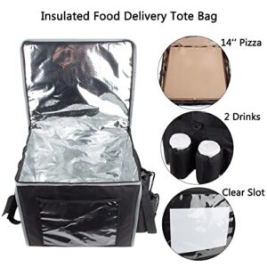 PACMAXI Insulated Food Delivery Bag with Cup Holder, Fit 14'' Pizza Foldable Heavy Duty Pizza Food Delivery Bag for Camping Catering Restaurants (Black)