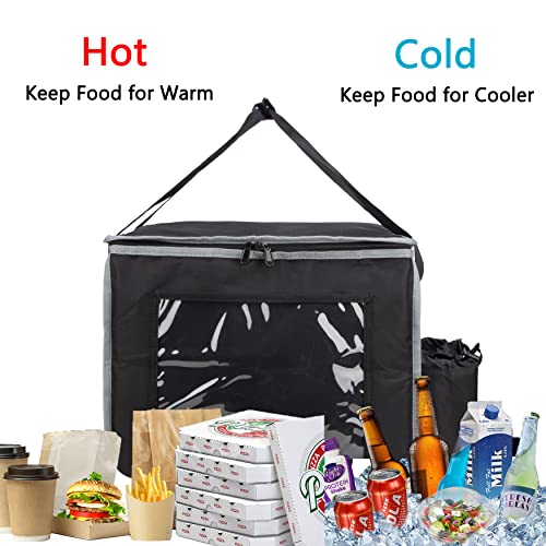 PACMAXI Insulated Food Delivery Bag with Cup Holder, Fit 14'' Pizza Foldable Heavy Duty Pizza Food Delivery Bag for Camping Catering Restaurants (Black)