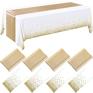 8 pack disposable plastic tablecloths and satin table runner, 54 x 108 inch tablecloth, 12 x 108 inch table runners for wedding graduation birthday baby shower new year party (gold)