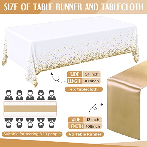 8 Pack Disposable Plastic Tablecloths and Satin Table Runner, 54 x 108 Inch Tablecloth, 12 x 108 Inch Table Runners for Wedding Graduation Birthday Baby Shower New Year Party (Gold)