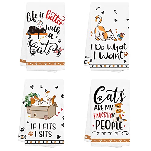 Hexagram Cat Funny Kitchen Towels Decorative Set of 4-Cat Lover Gifts for Women-Cat Lover Owners Mom Gifts-Housewarming Gifts-Cat Hand Towels for Kitchen-Cute Dish Towels-Tea Towel-Cat Kitchen Decor