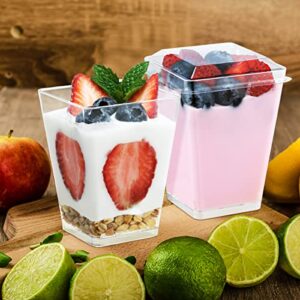 SHOPDAY 5oz Plastic Dessert Cups 100 Pack Small Clear Square Parfait Cups with Spoons, Mini Plastic Tumbler Serving Cups for Tasting Party Appetizers Mousse Yogurt