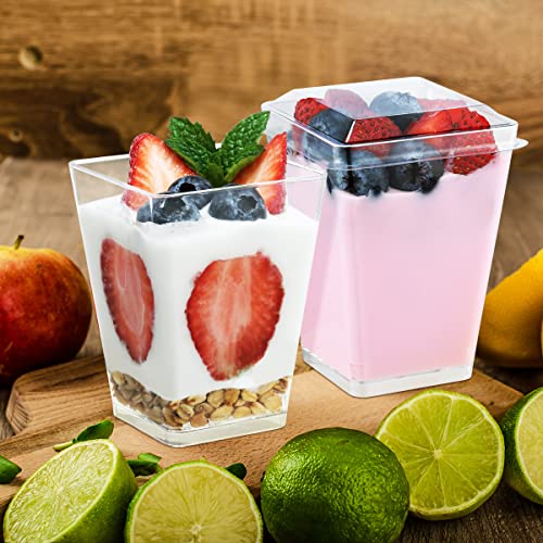 SHOPDAY 5oz Plastic Dessert Cups 100 Pack Small Clear Square Parfait Cups with Spoons, Mini Plastic Tumbler Serving Cups for Tasting Party Appetizers Mousse Yogurt