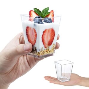 SHOPDAY 5oz Plastic Dessert Cups 100 Pack Small Clear Square Parfait Cups with Spoons, Mini Plastic Tumbler Serving Cups for Tasting Party Appetizers Mousse Yogurt