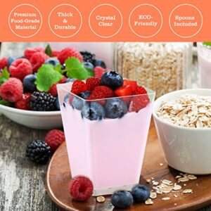 SHOPDAY 5oz Plastic Dessert Cups 100 Pack Small Clear Square Parfait Cups with Spoons, Mini Plastic Tumbler Serving Cups for Tasting Party Appetizers Mousse Yogurt