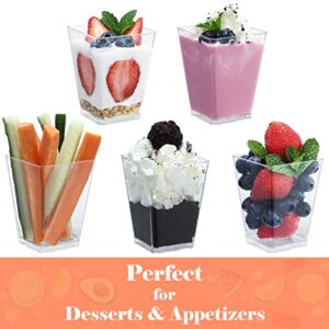 SHOPDAY 5oz Plastic Dessert Cups 100 Pack Small Clear Square Parfait Cups with Spoons, Mini Plastic Tumbler Serving Cups for Tasting Party Appetizers Mousse Yogurt