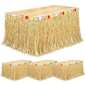fovths 4 pack luau grass table skirt natural 9 feet x 29.5 inch hawaiian table skirt for tropical hawaiian party decorations luau party costume party, straw yellow