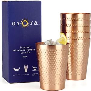 arora metal anodized hammered copper color tumbler set of 6, aluminum handcrafted cold-drink cups for cocktail drink, beer bar party gifts ,16oz