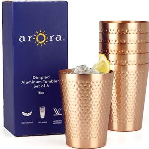 Arora Metal Anodized Hammered Copper color Tumbler Set of 6, Aluminum Handcrafted Cold-Drink Cups for Cocktail Drink, Beer Bar Party Gifts ,16oz