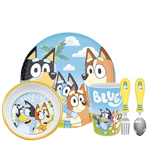 Zak Designs Bluey Kids Dinnerware Set Includes Plate, Bowl, Tumbler and Utensil Tableware, Made of Durable Material and Perfect for Kids (5 Piece Set, Non-BPA)