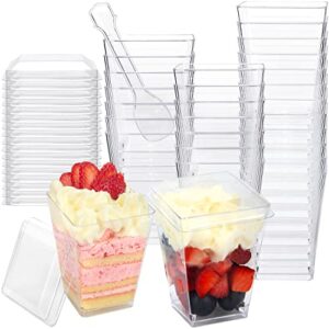 hawhawtoys 60 pack 4.5 oz dessert cups with lids and spoons, square plastic dessert shooter cups parfait cups for party desserts, appetizer serving (60)