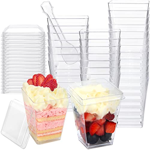 HawHawToys 60 Pack 4.5 OZ Dessert Cups with Lids and Spoons, Square Plastic Dessert Shooter Cups Parfait Cups for Party Desserts, Appetizer Serving (60)