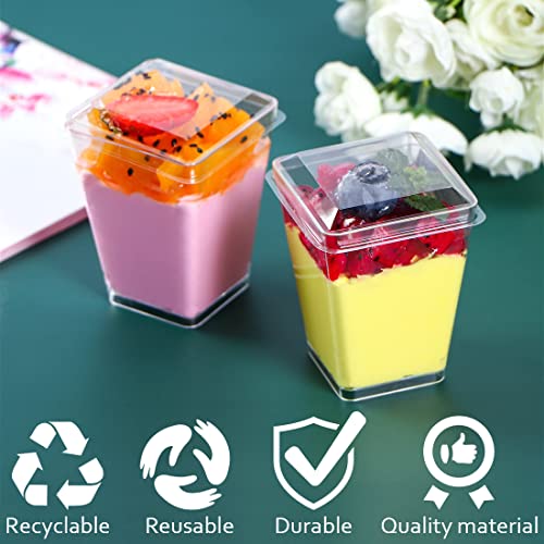 HawHawToys 60 Pack 4.5 OZ Dessert Cups with Lids and Spoons, Square Plastic Dessert Shooter Cups Parfait Cups for Party Desserts, Appetizer Serving (60)